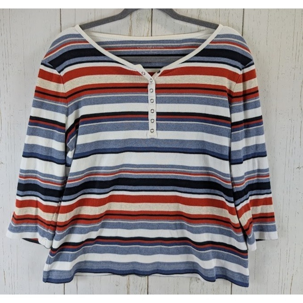 Croft Barrow Size Large Multicolor Stripe 3/4 Sleeve Womens Cotton‎ Top